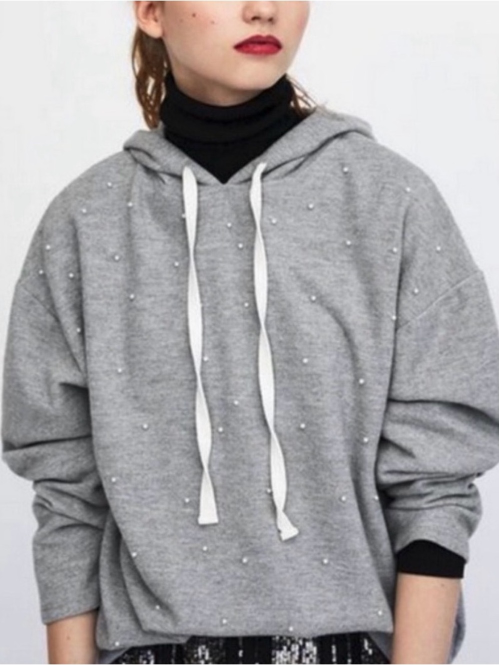 Gray Zara Pearl-Accent Hoodie Sweater - Women's